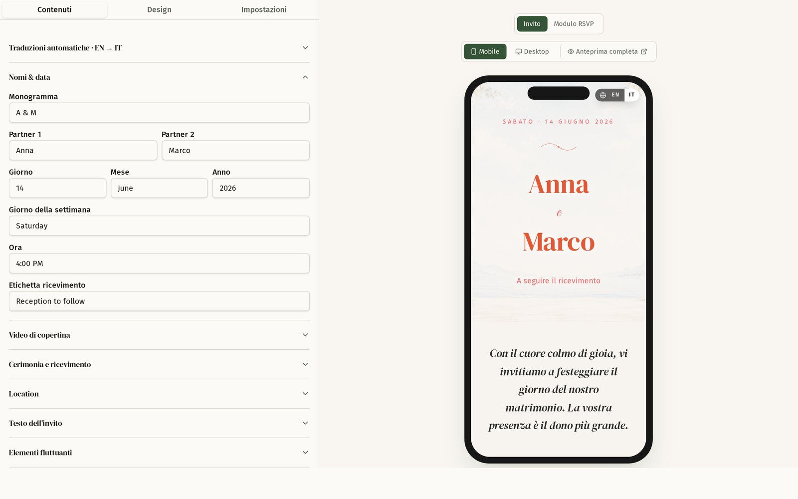 Invitation editor with live preview